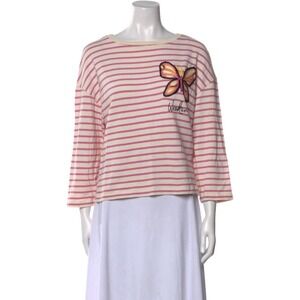 Max Mara Weekend Striped‎ Pink Beige 3/4 Sleeve Round Neck Embroidered Top L